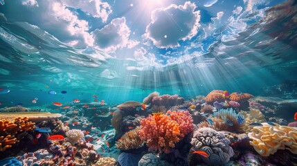An underwater photography coral reef ecosystem diverse marine life lively colors illustrating the beauty and diversity of ocean life Diverse coral reef ecosystems vibrant marine life - obrazy, fototapety, plakaty