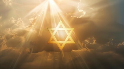 Six-pointed Star of David floating in the air, clear silhouette on the background of light clouds,...