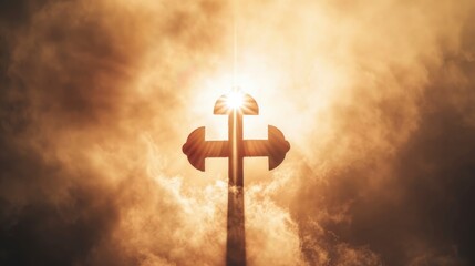 Symbol of atheism floating in the air, clear silhouette on the background of light clouds, sun rays illuminate it from behind, the power of faith, light bright background