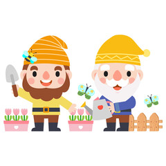 Garden Gnome and Woman cartoon, Gardening and Spring, Garden tools and decor collection