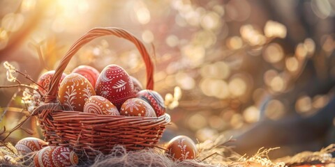 Wicker basket brimming with intricately painted Easter eggs nestled in spring's embrace, golden hour's glow