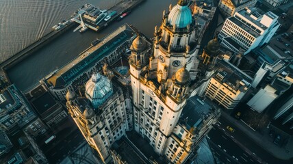 Fototapeta premium Aerial view of the Royal Liver building, a Grade I listed building in Liverpool, England,