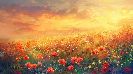 Sunlit Wildflower Meadow with Poppies, Idyllic Dawn with Golden Light