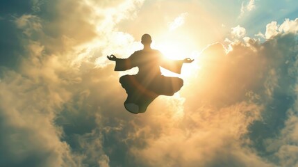 Symbol of Taoism floating in the air, clear silhouette on the background of light clouds, sun rays illuminate it from behind, the power of faith, light bright background - obrazy, fototapety, plakaty