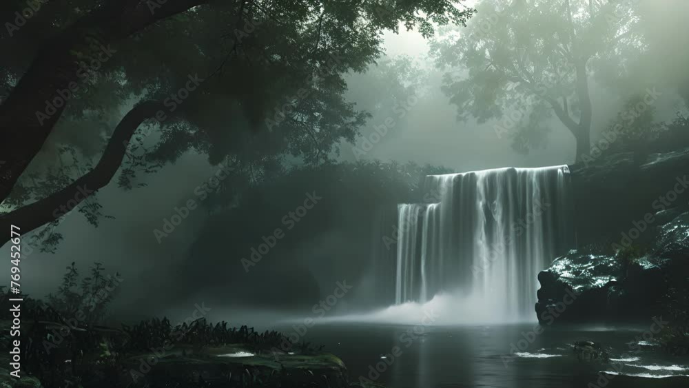 Poster a hidden waterfall crashes down into a deep pool creating a misty and magical atmosphere. the surrou