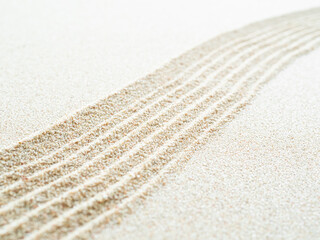 Zen Garden Sand White Background Japanese Balance Meditation Relax Buddhism Spirituality, Pattern Line Wave Mandala Mockup Spa Vacation Yoga Lifestyle Natural Summer, Texture Desert Coast Sea.