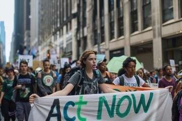 Passionate young activists lead a climate march, a rallying cry of "Act Now" displayed on their banner
