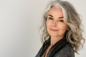 Fototapeta premium Closeup portrait of Beautiful mature woman, 50+ years, looking at the camera, white background
