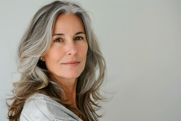 Closeup portrait of Beautiful mature woman, 50+ years, looking at the camera, white background