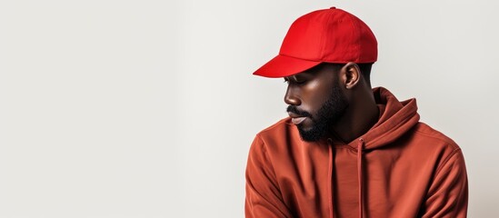 A man with a beard wearing a red baseball cap and a red hoodie, resembling a sports uniform. He looks like a baseball player listening to music