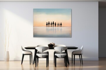 A minimalist living room with a painting on the wall depicting a close-knit family.