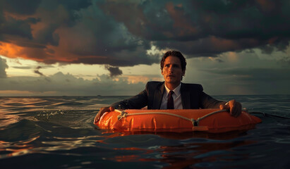 a cinematic shot of an attractive man in suit and tie, holding on to life raft floating down the ocean at sunset - obrazy, fototapety, plakaty