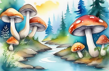 Foto op Canvas Fabulous big mushrooms in a magical forest. Fantastic mushrooms, along a mountain river, book cover illustration. An amazing landscape of nature. High quality photo © Антонина Кузнецова
