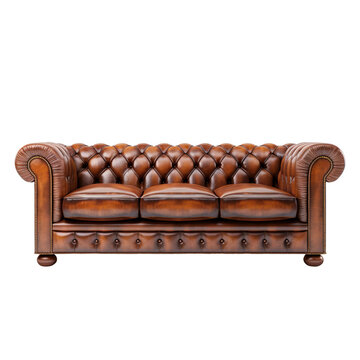 Brown leather chesterfield sofa isolated on transparent background