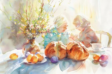 Obraz na płótnie Canvas A watercolor scene captures a family enjoying Easter traditions, with colorful eggs and sweet bread.