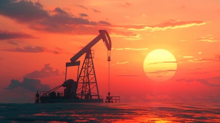 An oil pumpjack rig extracting crude oil amidst the vast ocean, under the warm hues of a sunset - obrazy, fototapety, plakaty