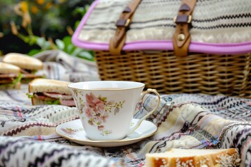 Fototapeta na wymiar teacup on a picnic blanket with a basket and sandwiches