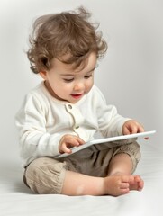 Portrait of a happy baby sitting and playing with a tablet