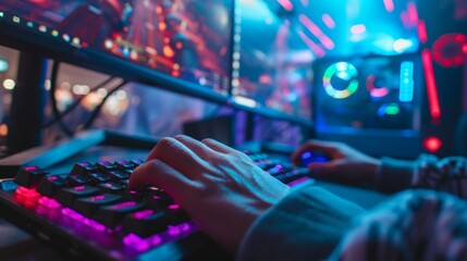 Close up of a gamer hands on the keyboard playing in a competitive gaming event