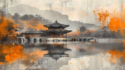 Dusk architecture traditional landscape illustration background poster decorative painting