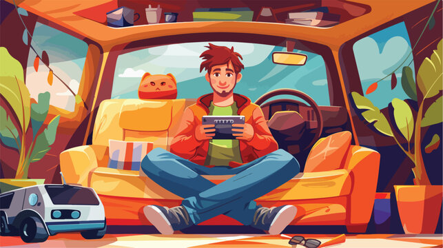 Videogame young man car play on coach scene cartoon