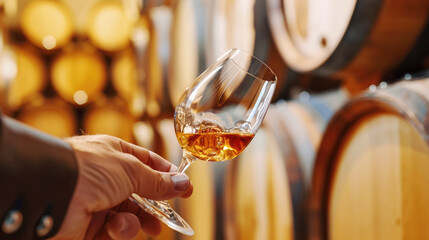the hand of a male sommelier holds a tasting glass of whiskey against the background of oak barrels in a wine cellar close-up - obrazy, fototapety, plakaty