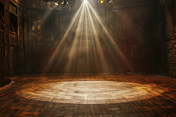 Center Stage Spotlight, Theatrical Atmosphere, Wooden Floor, Performance Space