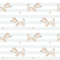 Seamless pattern with watercolor dog. Cute childish background. Watercolor puppy wallpaper
