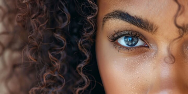 A close-up view of a womans striking blue eyes