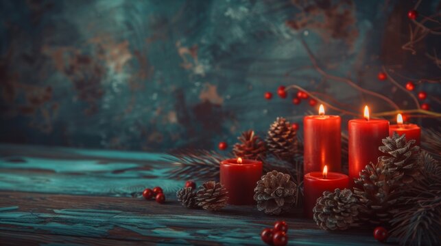 Red candles burning near pine cones on a surface