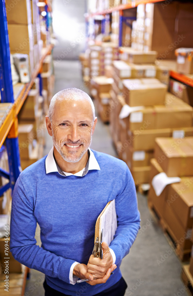 Poster portrait, boxes or man with printing factory checklist for delivery order, storage or stock on clipb
