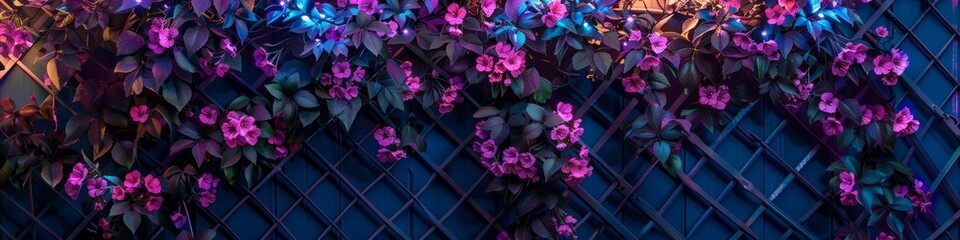 Various flowers in full bloom are attached to a fence under a backdrop of neon berry vines on a dark trellis, background, wallpaper