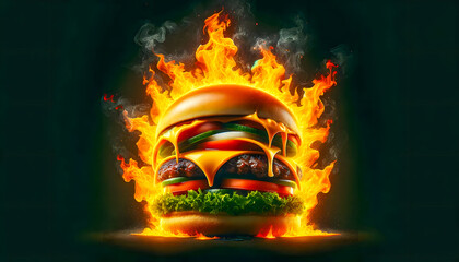 A sizzling hot hamburger with flames engulfing it, symbolizing its extreme heat and irresistible appeal. - obrazy, fototapety, plakaty