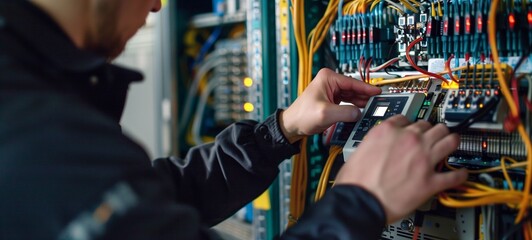 Technology maintenance concept. A technician checks the electronic components on a control panel using a handheld device, with a focus on the intricacies of network cables
