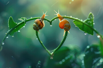 A macro photo of two snails on the curved leaves of a fern, forming a heart shape - obrazy, fototapety, plakaty