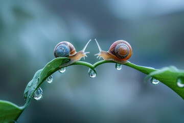 A macro photo of two snails on the curved leaves of a fern, forming a heart shape