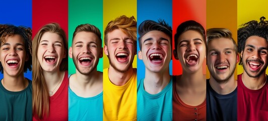 Happiness concept. A collage of eight joyful individuals laughing, set against vibrant solid-colored backgrounds, conveying a sense of diversity, positivity, and happiness.