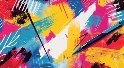 Creative chaos concept. Abstract illustration with a collage of various brush strokes, splatters, and geometric shapes in bold colors, energy of artistic expression and design creativity.