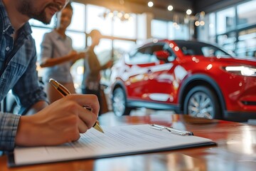 Buyer signing contract for new car with vehicle in background symbolizing new journey. Concept New Beginnings, Car Purchase, Signing Contract, Future Plans, Key to Success