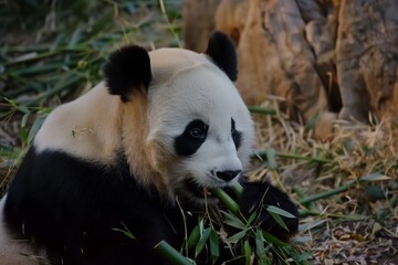 Fototapeta premium panda munching bamboo, dusk light softening edges