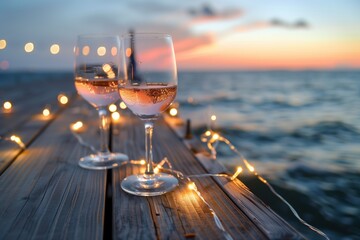 wine glasses on pier with string lights, evening mood - obrazy, fototapety, plakaty