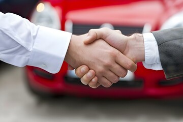 Customer and dealership representative shake hands to finalize a new car purchase at a car dealership. Concept Negotiation, Final Deal, Congratulations, Handshake, New Car Purchase