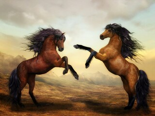 Two horses race across the countryside, their hooves pounding the earth rhythmically, their flowing...