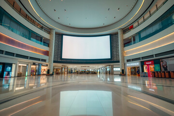 Large LED semicircular white screen in the hypermall for video promotion on the second level
