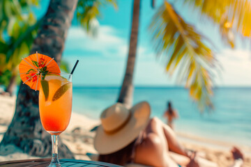A cocktail in a glass stands on a table near a sun lounger on the beach under the shade of palm trees and a woman in a hat lies on the sun lounger - Powered by Adobe