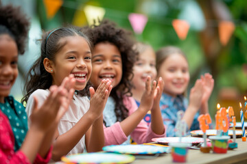 happy diverse children clapping at birthday party - Powered by Adobe