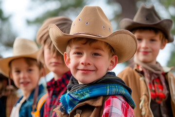 a group of children playing cowboys in the park - 769458087