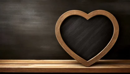 Foto auf Acrylglas Blank blackboard with wooden frame in the shape of a heart, on top of a wooden shelf with copy space. Valentine's Day template. Generative Ai. © Alberto Masnovo