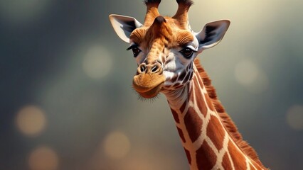 Wild giraffe with a long neck and spotted fur, on a blurred background. - obrazy, fototapety, plakaty