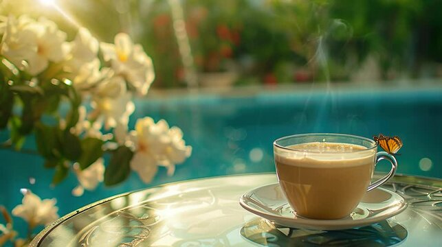 A warm cup of coffee accompanies a relaxing morning by the beautiful pool. seamless looping time-lapse virtual video Animation Background.
